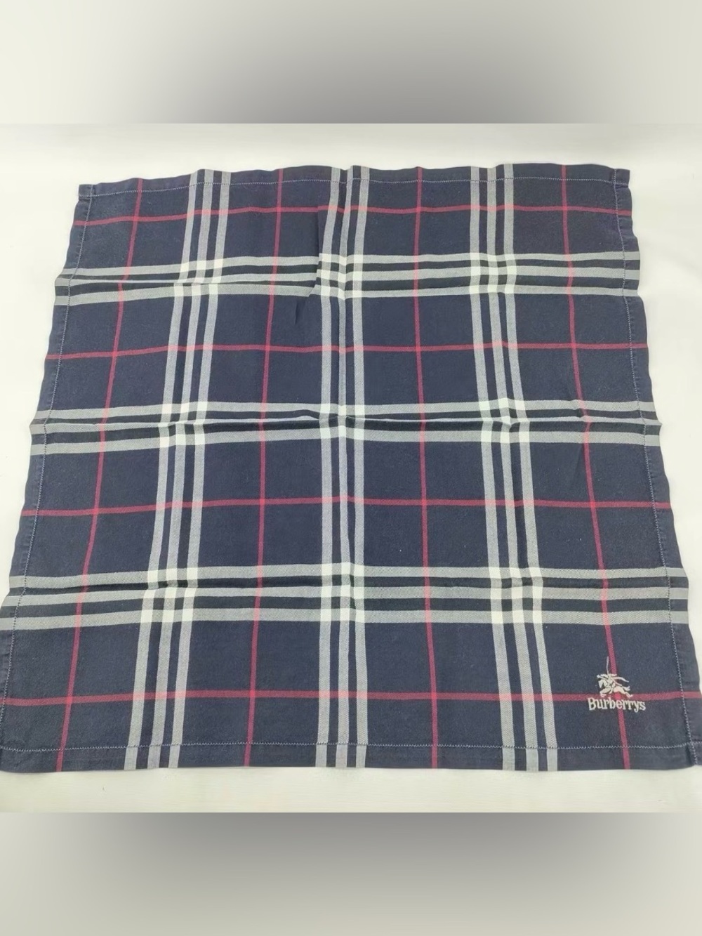 Burberry Vintage Navy Scarf with White Logo and Red Windowpane